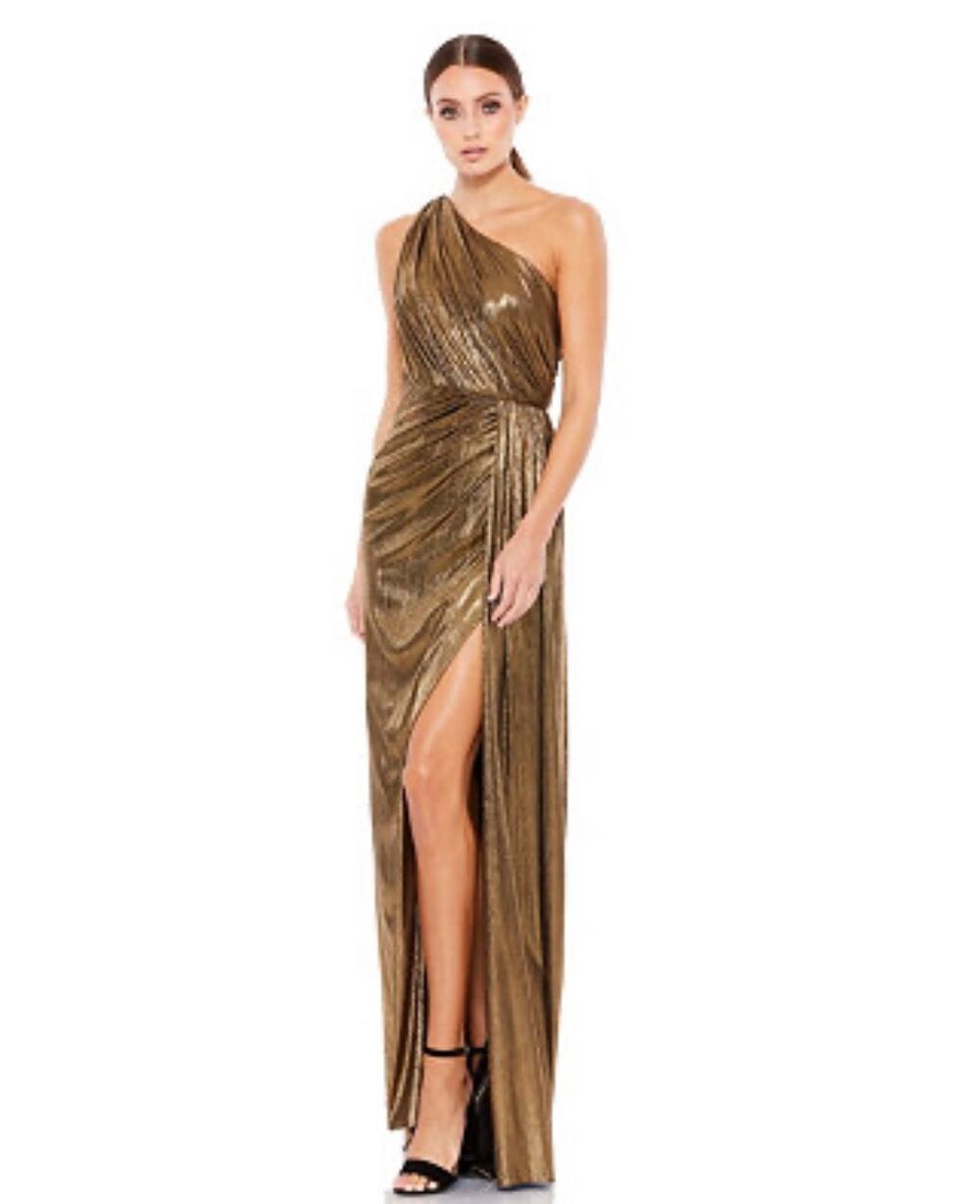 Mac Duggal Ieena Grecian Metallic Draped One Shoulder Evening Gown Size 12